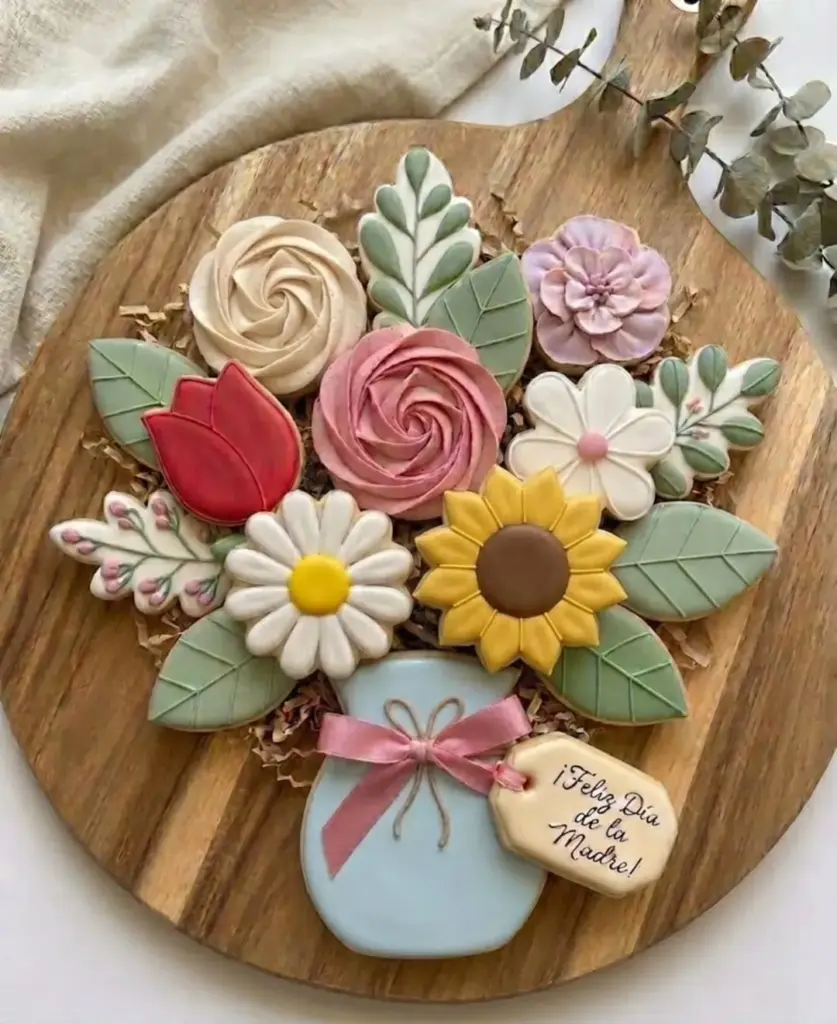 Bouquet de galletas con flores en florero para el Día de la Madre