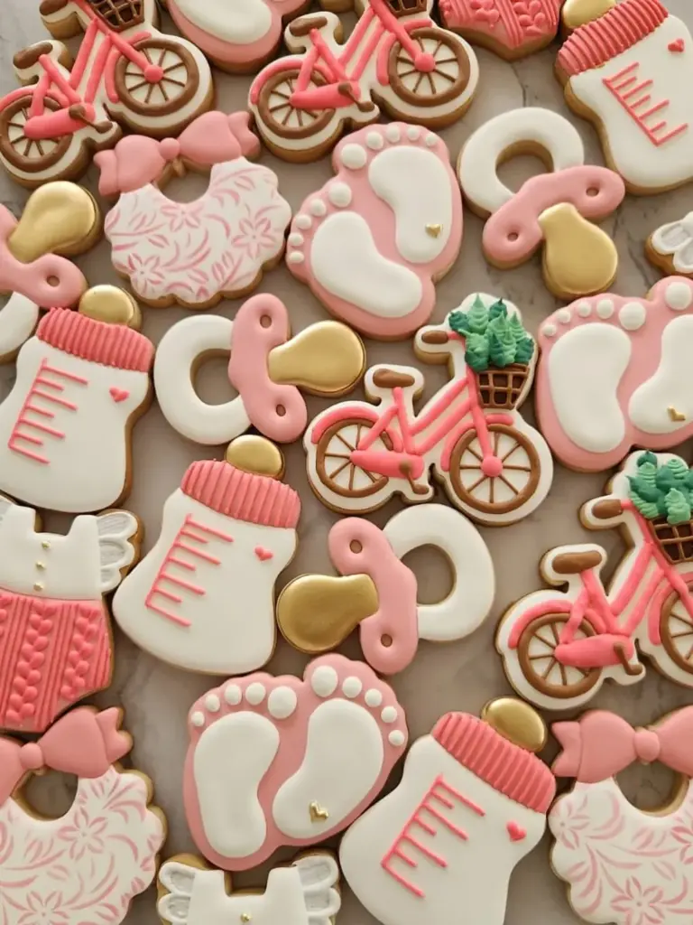 Galletas de baby shower de niña en coral con bicicletas, mamaderas, piecitos y chupetes