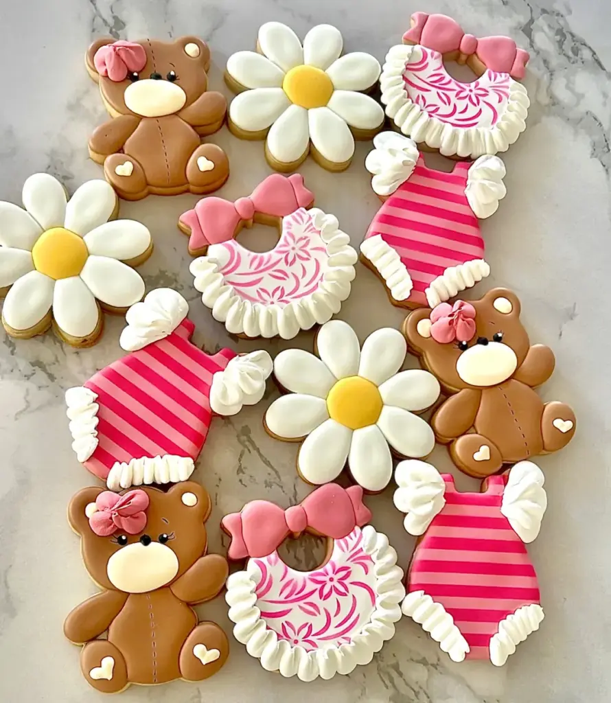 Galletas de baby shower de niña con ositos, margaritas, baberos y bodies a rayas