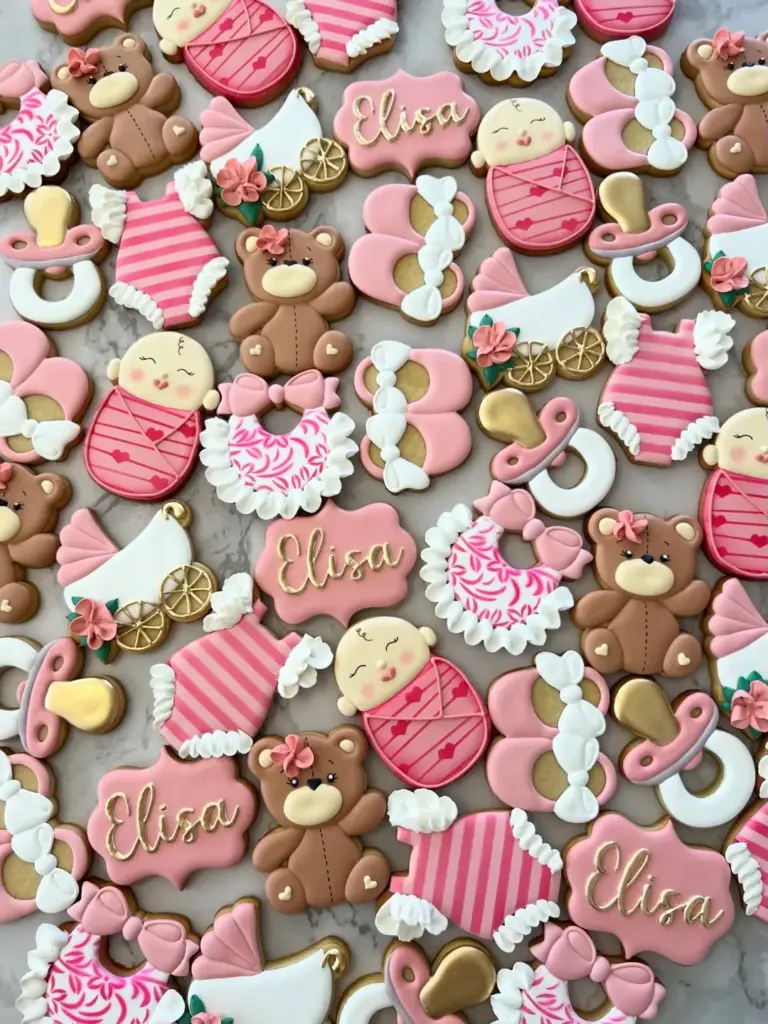 Galletas decoradas para baby shower de niña en rosado con ositos, coches y chupetes