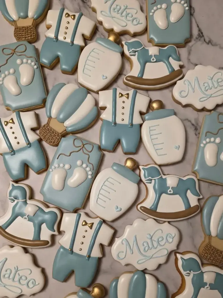 Galletas de baby shower de niño con caballitos de madera, globos y piecitos en gris azulado