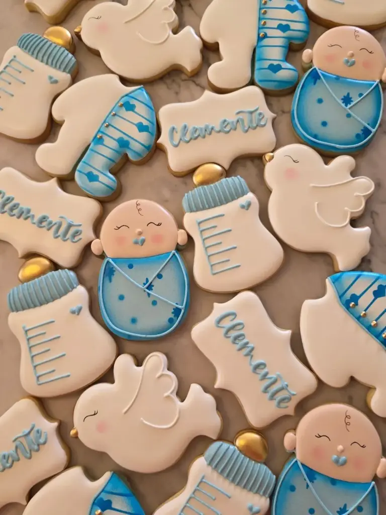 Galletas decoradas para baby shower de niño en celeste con mamaderas, palomas y nombre