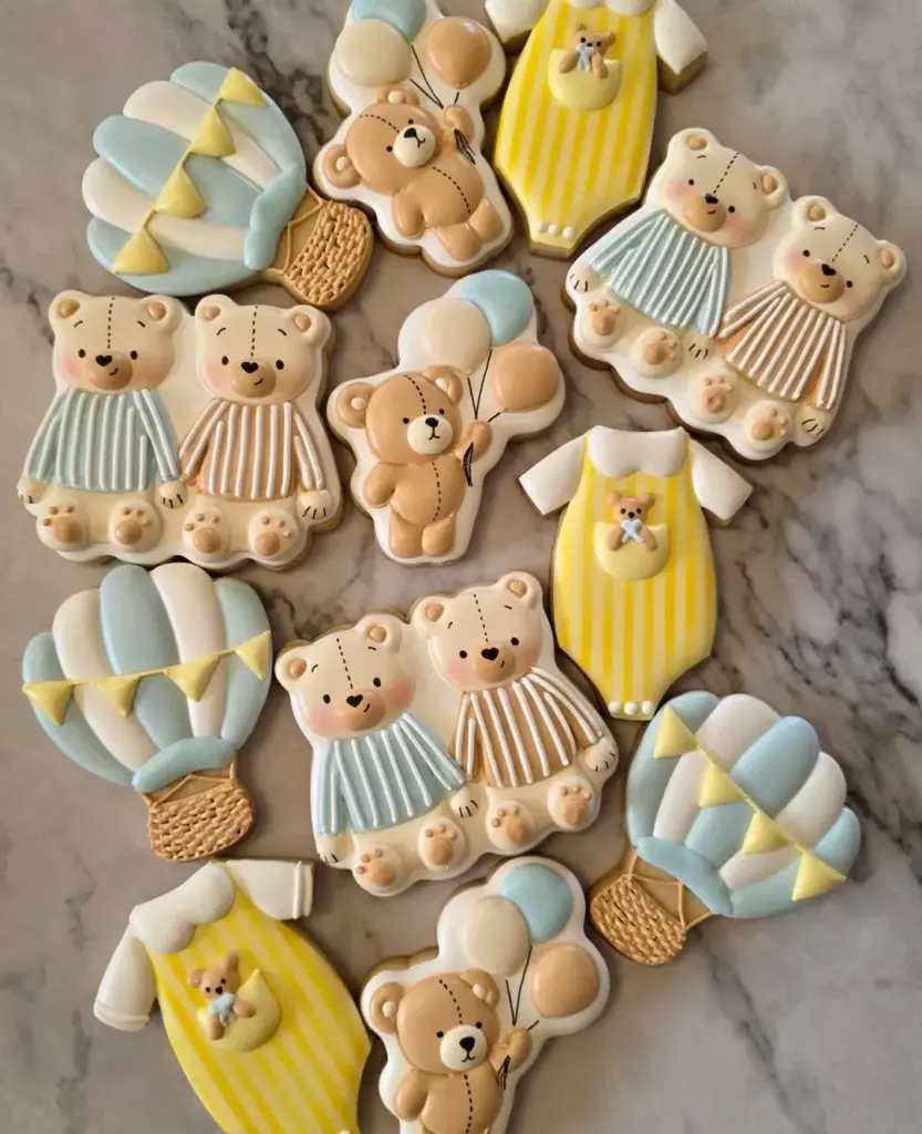 Galletas de baby shower con ositos, globos aerostáticos y bodies en celeste y amarillo