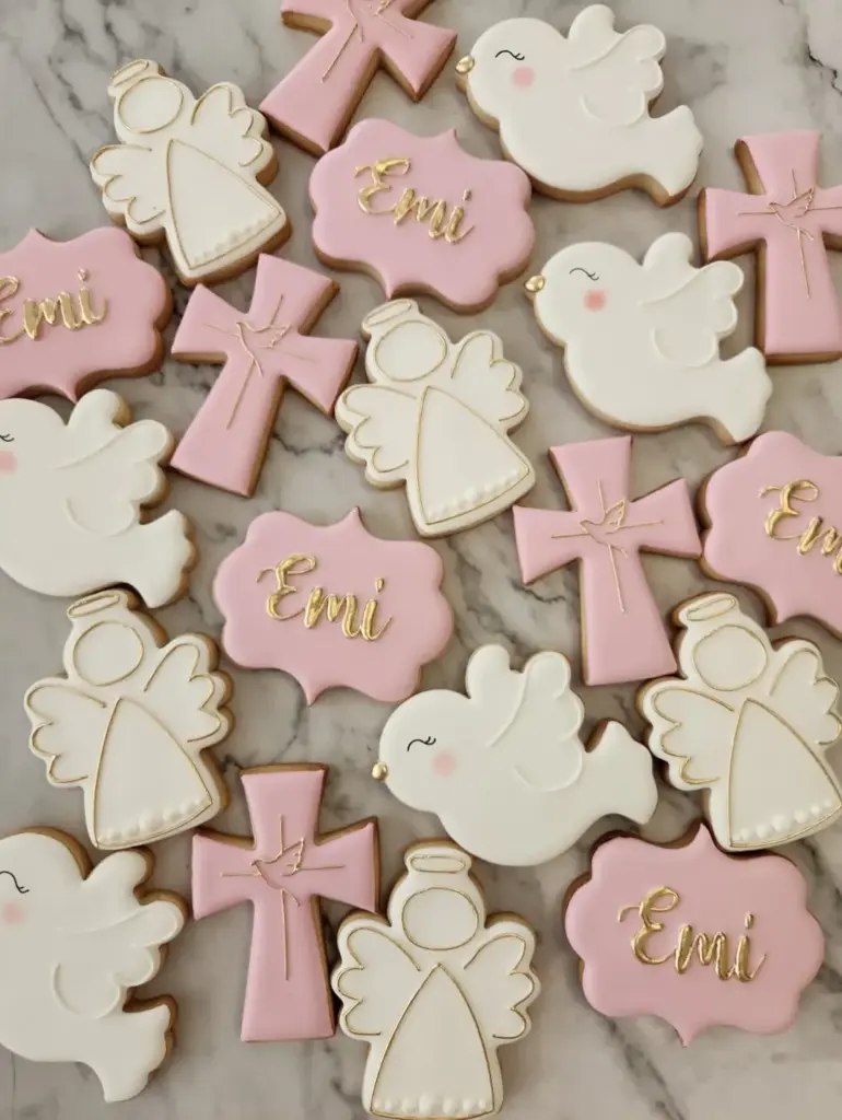 Galletas para bautizo con ángeles, palomas, cruces y nombre en rosado y blanco