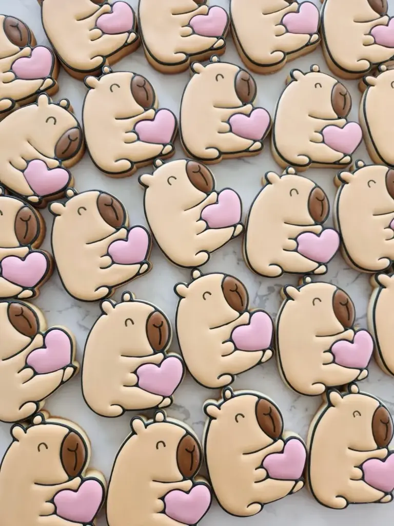 Galletas decoradas de capibaras abrazando corazones