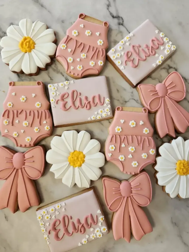 Galletas de cumpleaños de niña con lazos, margaritas y vestidos en rosado