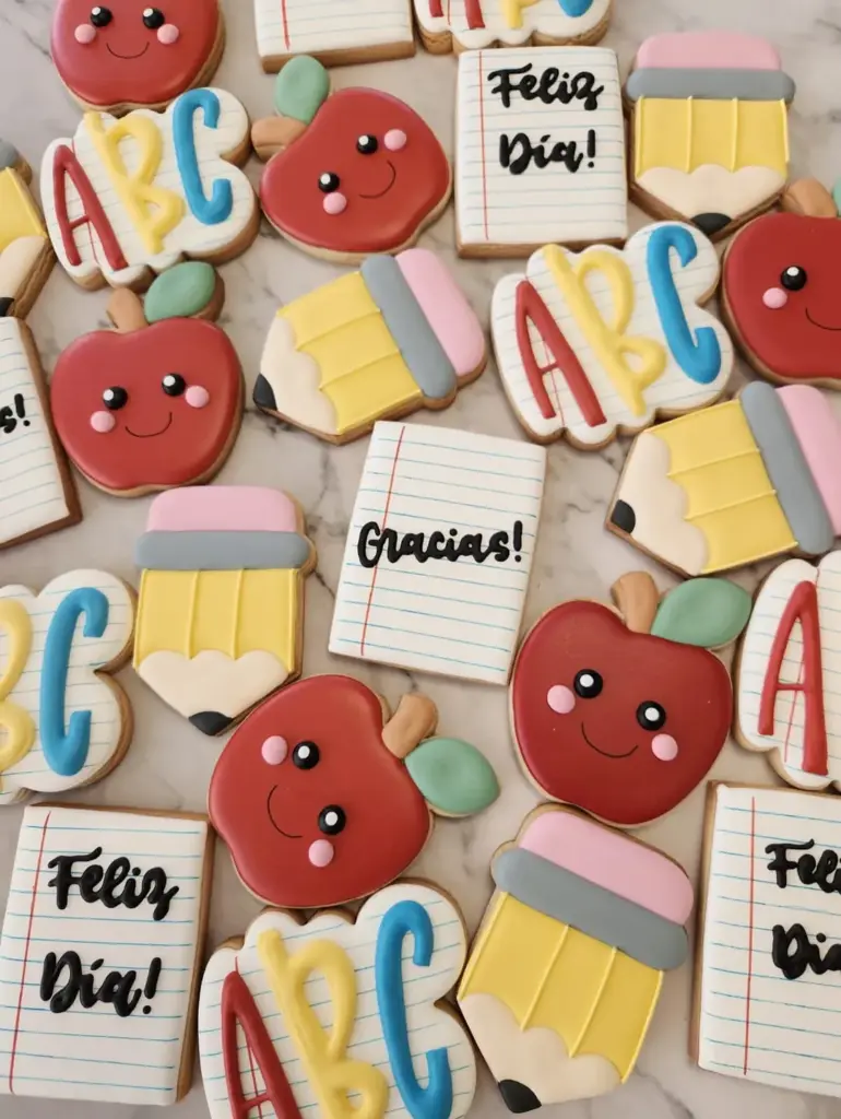Galletas para el Día del Profesor con manzanas, lápices, letras ABC y mensajes de agradecimiento