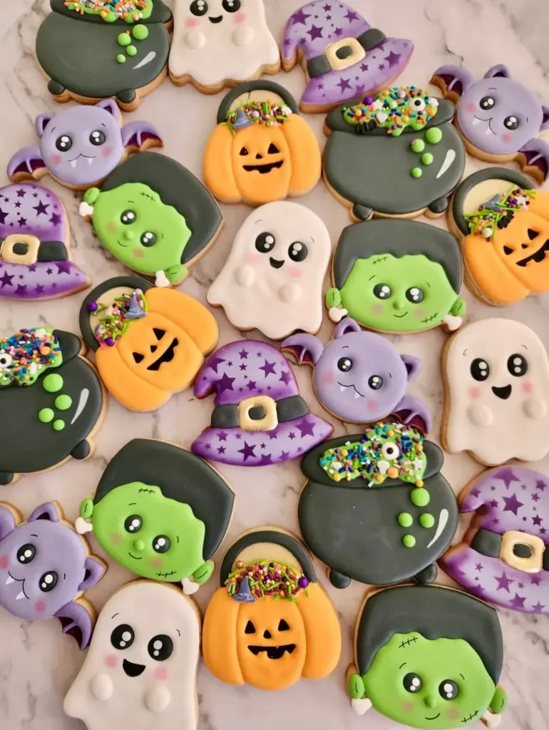 Galletas de Halloween con calabazas, fantasmas, calderos y gorros de bruja