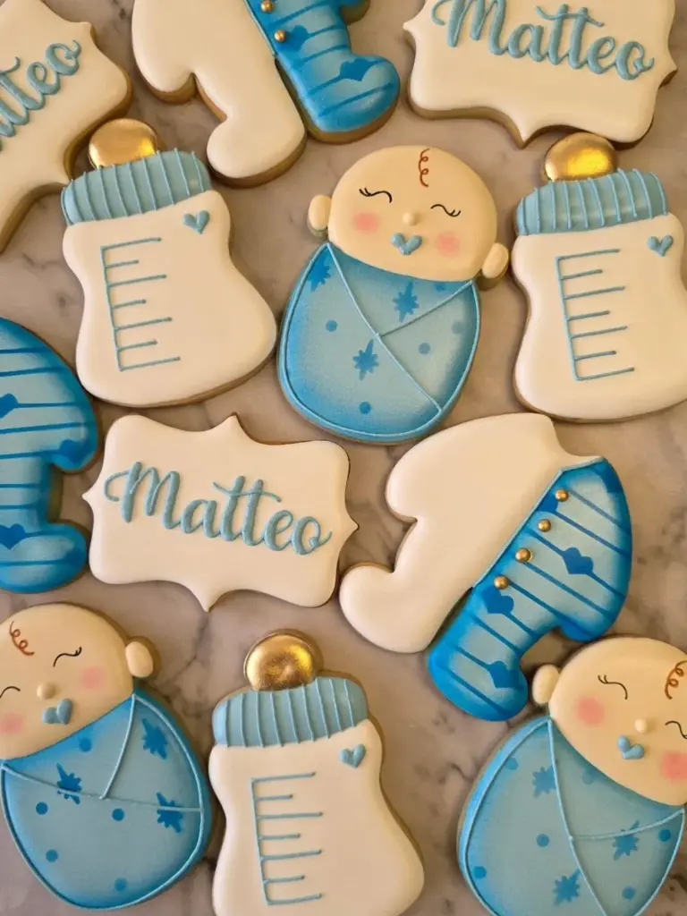 Galletas decoradas para nacimiento de bebé niño con mamaderas y bebés en celeste personalizadas con nombre