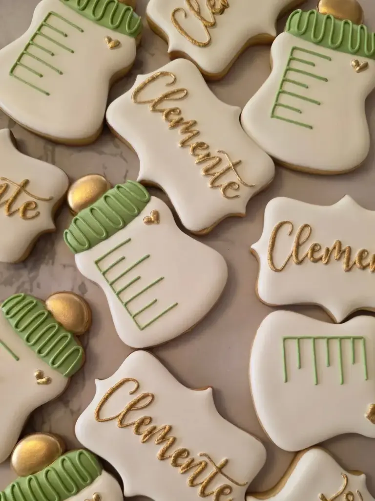 Galletas de nacimiento con mamaderas y placas con nombre en verde y dorado