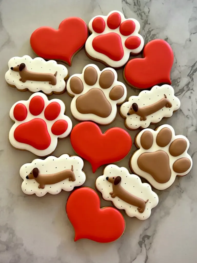 Galletas con perros salchicha, huellas y corazones rojos