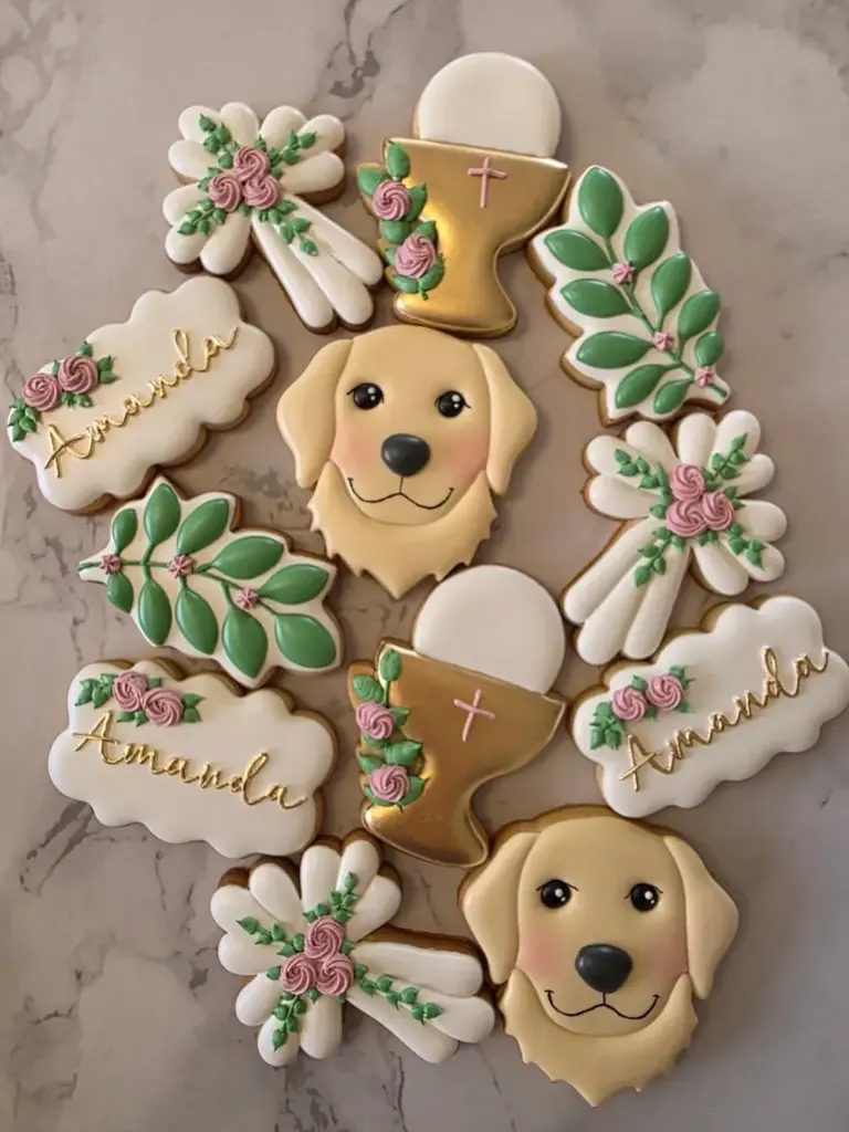 Galletas de primera comunión con perro golden retriever, cálices, flores y nombre