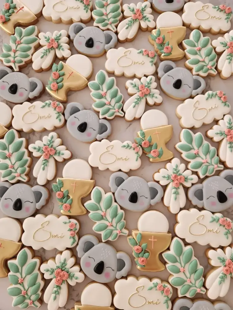 Galletas para primera comunión con koalas, cálices, ramas y nombre