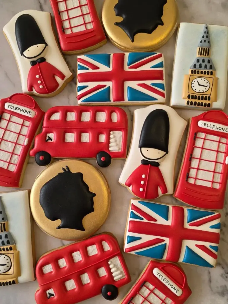 Galletas decoradas temática Londres: bus rojo, guardia real, cabina telefónica, Big Ben y bandera británica