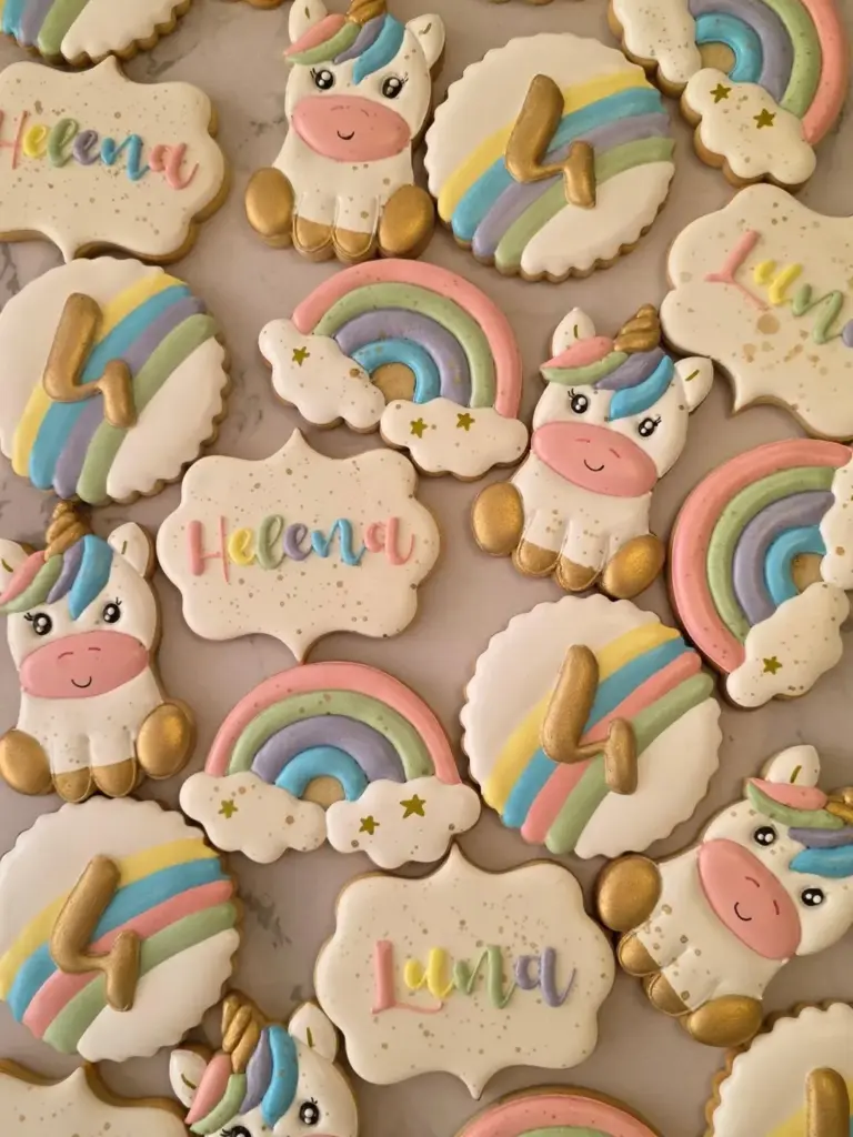 Galletas decoradas de unicornio y arcoíris en colores pastel con nombre personalizado